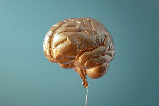 Brain shaped inflated helium balloon. Inspiration and new ideas concept. Thinking positive, mental health, party, education, imagination and creativity, relaxation, communication, psychology theme