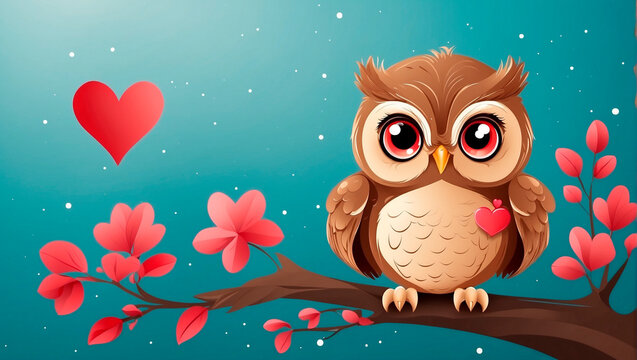 owl in love on a branch with flowers