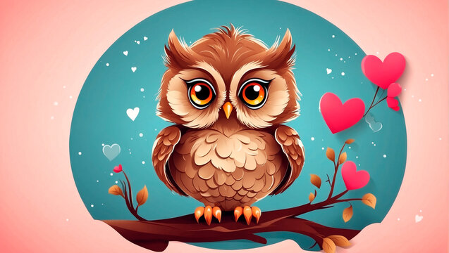 owl in love on a branch with flowers
