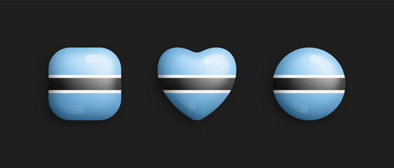 Botswana Official National Flag 3D Vector Glossy Icons In Rounded Square, Heart And Circle Form Isolated On Background. Botswanan Sign And Symbols Graphic Design Elements Volumetric Buttons Collection