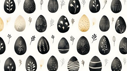 Seamless Background of painted Easter Eggs in black Watercolors. Easter Wallpaper