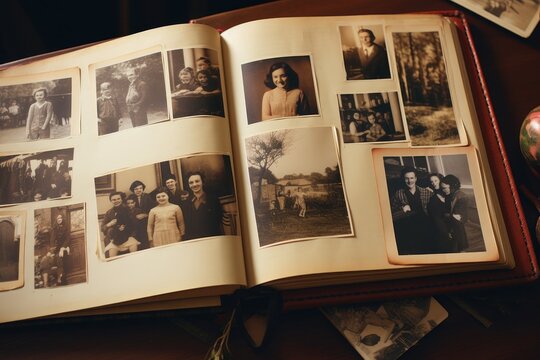 A compilation of assorted pictures inside an open book, showcasing a variety of visual elements in one place, A memory album filled with pictures of mom and the family, AI Generated