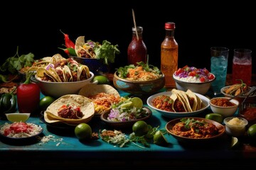 A table adorned with an abundance of delectable food and refreshing drinks, A Mexican feast with tacos, guacamole, and margaritas, AI Generated