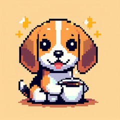 A cute little beagle dog is drinking a cup of coffee