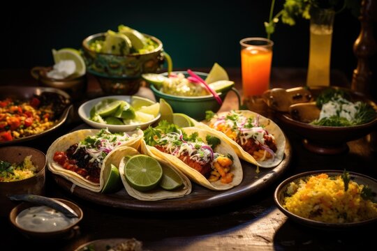 The image features a table filled with numerous tacos and bowls of delicious food, A Mexican feast with tacos, guacamole, and margaritas, AI Generated