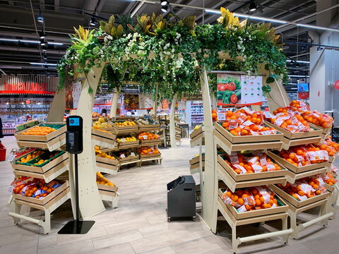 Turin. Italy - January 2019: new organic fruit and vegetable department of the Auchan supermarket