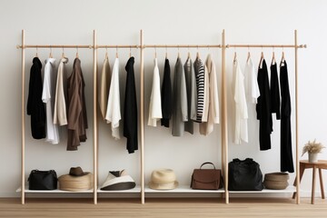 A clothes rack filled with a variety of clothes hanging neatly on hangers, A minimalist wardrobe against a Scandinavian backdrop, AI Generated