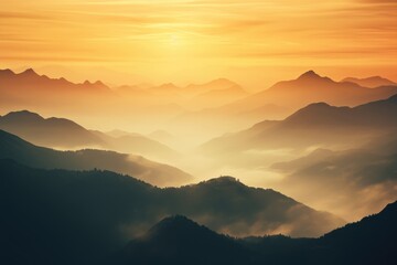 Obraz premium Witness the awe-inspiring beauty of a mountain range as the sun sets, casting enchanting hues across the landscape, A misty mountain range with the sunrise illuminated in the background, AI Generated