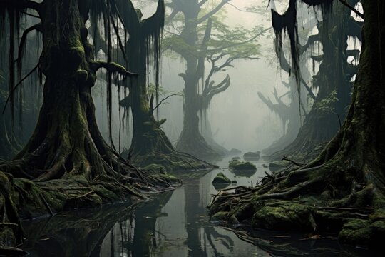 captivating scene of a marshy area, featuring tall trees and a tranquil water body in the foreground, A misty, serene swamp dotted with gnarled trees and moss-covered rocks, AI Generated