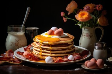 A mouth-watering stack of pancakes topped with perfectly cooked eggs and crispy bacon strips, A morning breakfast with pancakes, bacon, and eggs, AI Generated