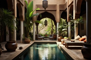 A peaceful pool nestled in the heart of a courtyard, offering a tranquil oasis of relaxation, A Moroccan riad with a tranquil courtyard, AI Generated