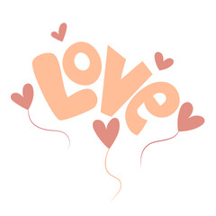 Hand draw Valentine's heart balloon with lettering love.Peach fuzz, pink and red colors. Vector illustration on white background.Word love with heart. Doodle style.