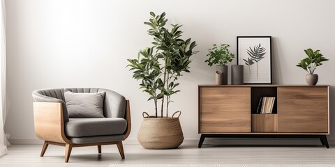 Contemporary Scandinavian home interior with stylish wooden commode, black potted plants, gray sofa, books, and personal accessories. Modern decor. White walls.