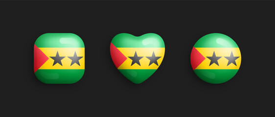 Sao Tome and Principe Official National Flag 3D Vector Glossy Icons In Rounded Square, Heart And Circle Form Isolated On Black. Sign And Symbols Graphic Design Elements Volumetric Buttons Collection