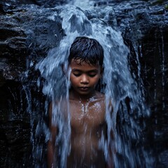 Indian boy bathing under a waterfall -  AI Generated Digital Art