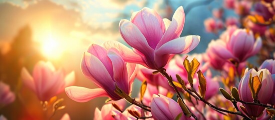 The blooming flowers and nature are amazing, with the sky and sun shining.