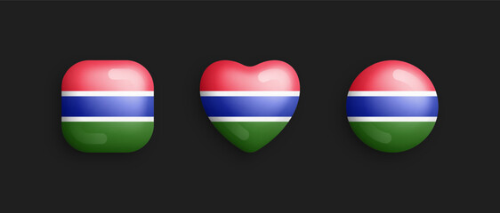 Gambia Official National Flag 3D Vector Glossy Icons In Rounded Square, Heart And Circle Form Isolated On Background. Gambian Sign And Symbols Graphic Design Elements Volumetric Buttons Collection