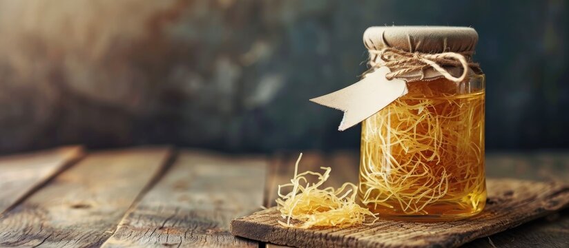 Transparent jar with empty label, filled with bird's nest soup and edible bird's nests, known as skin-perfecting beauty food for women.