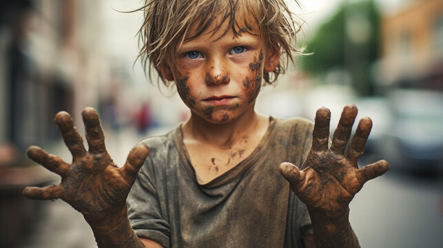 close-up, the boy is all dirty. Generative AI