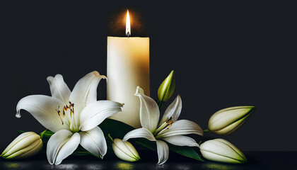 Sympathy card with burning candle and white lily flowers  