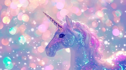Foto op Plexiglas A closeup view of a unicorn in a pastel glitter pink fantasy galaxy. Magic mermaid sky with bokeh. Holographic Kawaii abstract space. © AbGoni