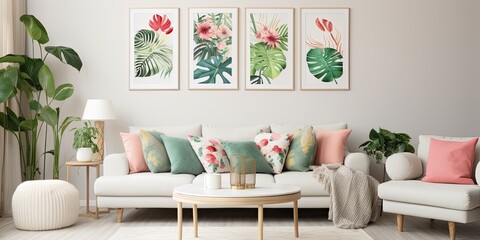 Stylish living room decor with poster frame, white sofa, armchair, lamp, flowers, plants, and personal accessories. - Powered by Adobe