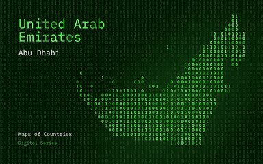 United Arab Emirates Green Map Shown in Binary Code Pattern. TSMC. Matrix numbers, zero, one. World Countries Vector Maps. Digital Series