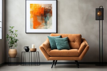 Modern living room interior with orange sofa and abstract painting