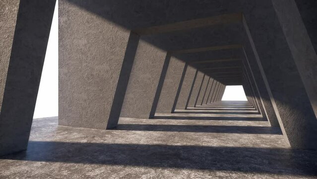 A flight into trapezoidal concrete tunnel of light. Trapezoidal archway. 3D Rendering