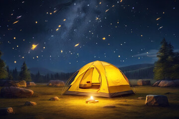 Starry night camp. Yellow light inside tent, shooting stars backdrop. Capturing the essence of holiday camping under the stars.