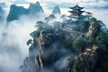 A stunning mountain landscape showcasing a pagoda perched atop its summit, A mountain temple lost...