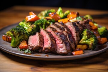 A delicious plate with a perfectly cooked steak, fresh steamed broccoli, and tender carrots placed on a wooden table, A mouthwatering steak dinner with saut&Atilde;&copy;ed vegetables, AI Generated