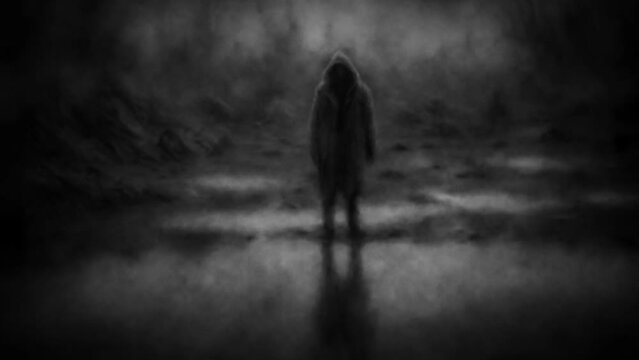 Gloomy 2d animation. Dark reflection in water. Scary man silhouette in raincoat with hood. Creepy maniac character in night. Horror fantasy movie. Halloween ghost video clip. Black and white backgroun
