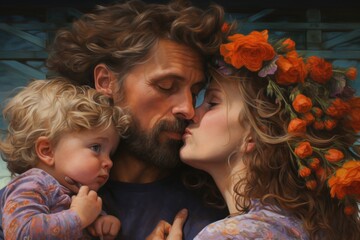 A tender moment captured in a simple painting, as a man and woman lovingly kiss a child, A...