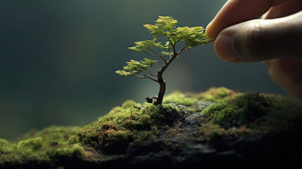 A tiny tree sitting on the tip of the finger, macro shot, miniaturecore, natural phenomena - obrazy, fototapety, plakaty
