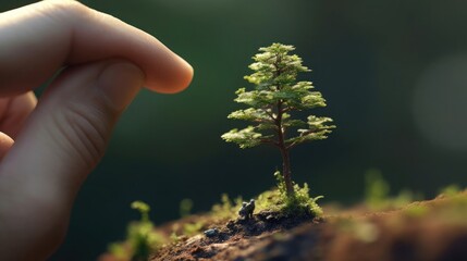 Fototapeta premium A tiny tree sitting on the tip of the finger, macro shot, miniaturecore, natural phenomena