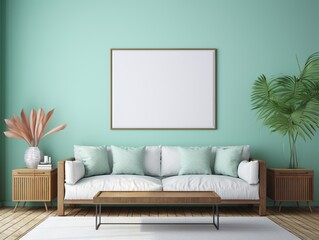 A tropical paradise living room with a refreshing mint green wall and a blank mockup frame.