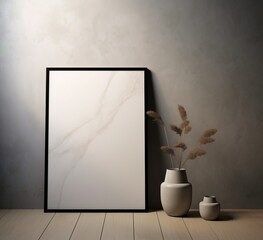 Minimalist interior with a blank frame, vase, and dried flowers