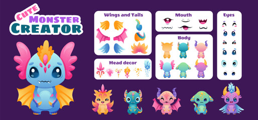 Fototapeta na wymiar Create your Monster and collect cute aliens and funny creatures. Cartoon character creation kit with all elements and body parts. Vector children illustration