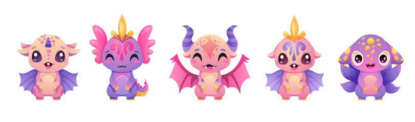 Cute Monster set with different eyes, wings, horns. Little dragons collection for girls with hand drawn elements. Cartoon vector illustration