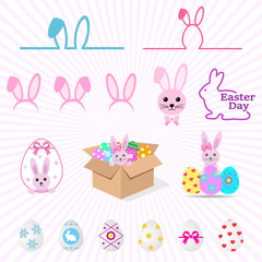 Easter celebration set illustration. Cute pink bunnies with Easter eggs on a white background.