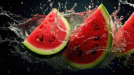 Smooth Fresh ripe organic Watermelon Fruits slices and falling into water and splashes created with Generative AI Technolog