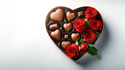 Romantic Valentine's Day Composition with Red Roses and Heart-Shaped Chocolate Box