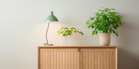 Image of light colored wooden cabinet with green plant and pale green lamp cover.