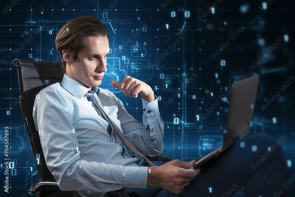 Aufkleber Thoughtful businessman analyzing digital data streams on a laptop with a futuristic interface. Cybernetics concept