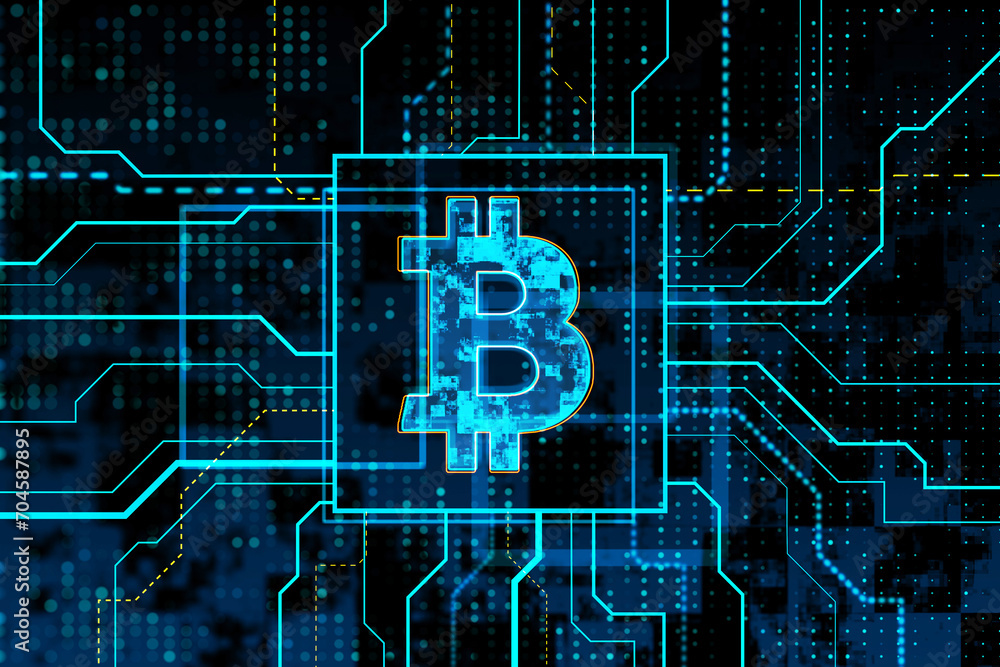 Poster digital bitcoin symbol on circuit board background. fintech and cryptocurrency concept. 3d rendering