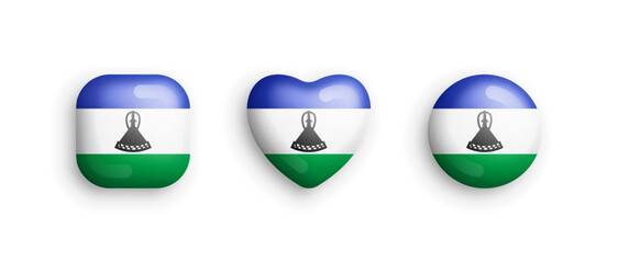 Lesotho Official National Flag 3D Vector Glossy Icons In Rounded Square, Heart And Circle Form Isolated On White Back. Lesotho Sign And Symbols Graphic Design Elements Volumetric Buttons Collection