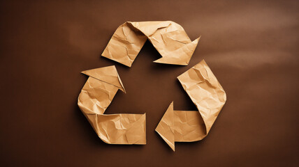 Recycling symbol made of crumpled paper on brown background