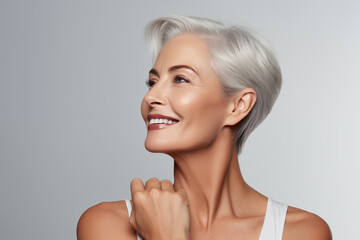 Gorgeous senior older Caucasian woman with short silver hair and natural makeup touching shoulder - Powered by Adobe