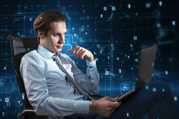 Thoughtful businessman analyzing digital data streams on a laptop with a futuristic interface. Cybernetics concept